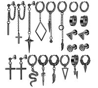 Kakonia 22 Pcs Dangle Earrings for Men Stainless Steel Hinged Huggie Hoop Earrings Punk Long Chain Stud Snake Feather Sword Cross Dangle Kpop Earrings for Men Black and Sliver Tone