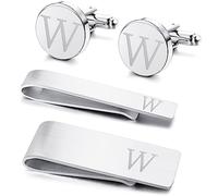 Kakonia 4 PCS Initial Cufflinks and Tie Clips for Men Stainless Steel Personalized Engraved Cuff Links and Tie Bar Money Clip Set Alphabet Letter A-W Silver