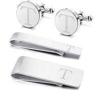 Kakonia 4 PCS Initial Cufflinks and Tie Clips for Men Stainless Steel Personalized Engraved Cuff Links and Tie Bar Money Clip Set Alphabet Letter A-W Silver