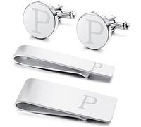 Kakonia 4 PCS Initial Cufflinks and Tie Clips for Men Stainless Steel Personalized Engraved Cuff Links and Tie Bar Money Clip Set Alphabet Letter A-W Silver