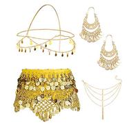 Kakonia 4 Sets Women Belly Dance Accessories,Belly Dance Hip Scarf Wrap Belt,Bohemian Gold Coin Drop Earrings Headpiece Small Coins Hair Chain Tassel Anklet Bracelet for Women