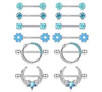 Kakonia 6 Pairs 14G Nipple Bars for Women 316L Stainless Steel Heart Butterfly Moon CZ Flower Barbell Nipple Rings Set Cute Nipple Piercing Jewellery