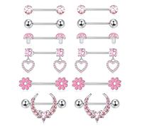 Kakonia 6Pairs 14G Nipple Piercing Jewellery for Women 316L Stainless Steel Nipple Bars Hypoallergenic Heart Moon Star Daisy Flower Mushroom Nipple Barbells Body Piercing Jewellery