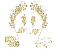 Kakonia 7Pcs Greek Goddess Costume for Women Greek Goddess Accessories Golden Leaves Pearl Crown Headband Upper Arm Cuff Pearl Leaf Earring Hair Pins Headpiece Egyptian Toga Goddess Costume Jewellery
