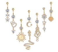 Kakonia 8PCS 14G Belly Button Bars for Women Stainless Steel Dangly Belly Button Bars Navel Rings Barbell Sexy Heart Snake Belly Button Bars Dangly CZ Body Piercing Jewellery Silver Rose Gold Tone