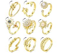Kakonia 9 Pcs Anxiety Ring, Silver Gold Fidget Rings for Anxiety Women Adjustable Open Spinner Ring Moonstone CZ Spinner Fidget Rings for Women Kids Adjustable Ring Party Gifts-G