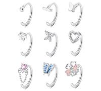 Kakonia 9Pcs 14G Belly Button Ring for Women Open Lip Navel Piercing Ring Hoop Gold Silver Rosegold Stainless Steel Lip Body Piercing Jewellery Butterfly CZ Hinged Segment Ring Set for Women