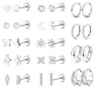 Kakonia Flat Back Earrings for Women Stainless Steel Sleeper Earring Set | 14K Gold Plated Hypoallergenic Earrings, Studs Hoop Silver Plated Cartilage Earring Set, Tragus Helix Piercing Jewellery