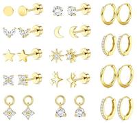 Kakonia Flat Back Earrings for Women Stainless Steel Sleeper Earring Set | 14K Gold Plated Hypoallergenic Earrings, Studs Hoop Silver Plated Cartilage Earring Set, Tragus Helix Piercing Jewellery