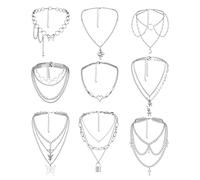Kakonia Punk Layered Necklaces for Women Girls Men Boys Cross Heart Lock Butterfly Snake Moon Rabbit Pendant Gothic Choker Necklaces Silver Chunky Chain Statement Necklaces Y2K Emo Necklace Set