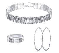Kakonia Rhinestone Choker Necklace Bracelet Hoop Earrings for Women Bling Rhinestone Jewelry Set for Wedding Bridal Party
