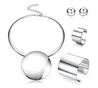 Kakonia Statement Chunky Jewellery Set Choker Earrings Bracelet Ring Silver Plated Round Pendant Necklace Nigerian Costume Party African Jewellery Accessories for Women and Girls