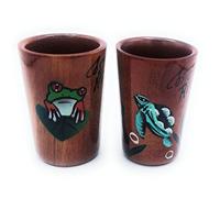 Kal Crafts - Set of 2 Wooden Tequila Shot Glasses - Hand Painted with Costa Rican Rainforest Green Frod and Turtle Designs - 1.5 fl oz or 45 ml (2PK Frog-Turtle)