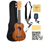 Kala KA-15S Satin Mahogany Soprano Ukulele Bundle with Gig Bag, Tuner, Strap, Fender Play, Austin Bazaar Instructional DVD, and Polishing Cloth