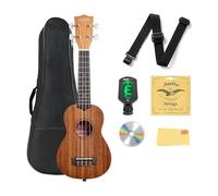 Kala KA-15S Satin Mahogany Soprano Ukulele Bundle with Gig Bag, Tuner, Strap, Fender Play, Austin Bazaar Instructional DVD, and Polishing Cloth