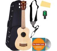 Kala KA-15S Satin Mahogany Soprano Ukulele Bundle with Gig Bag, Tuner, Strap, Fender Play, Austin Bazaar Instructional DVD, and Polishing Cloth