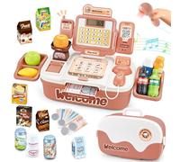 KalaDuck 2 In 1 Cash Register Age 3+ for Kids , 42PCS Toy Till with Scanner, Toy Money, Food, Walkie Talkie, Role Play Supermarket Grocery Play Shop Gift for Boys Girls (Pink)