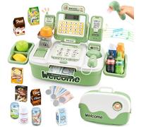 KalaDuck 2 In 1 Cash Register for Kids age 3, 42PCS Toy Till Cash Register with Scanner, Toy Money, Play Food and Walkie Talkie, Role Play Supermarket Grocery Play Shop Gift for Boys Girls (Green)