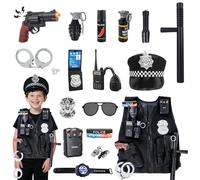 KalaDuck Kids Police Costume Toys, 17PCS Accessories with Hat, Vest, Handcuffs and Toy Gun, Pretend Play Police Officer Outfit, Carnival Halloween Kids Swat Dress Up Game for Boys Girls