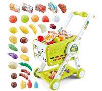 KalaDuck Kids Shopping Trolley, 31PCS Toy Basket with Pretend Food Grocery, Supermarket Child's Shopping Cart Playset, Role Play Games Gift for Boys Girls 3 Years Old (Green)
