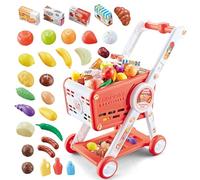 KalaDuck Kids Shopping Trolley, 31PCS Toy Shopping Basket with Pretend Food Grocery, Supermarket Child's Shopping Trolley Playset, Role Play Shopping Cart Game Gift for Boys Girls 3 Years Old (Red)