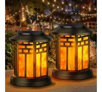 KALAHOL 2 Pack Solar Lanterns Outdoor Garden, Hanging Solar Garden Lanterns with Realistic Flickering Flame, Waterproof Decorative Solar Garden Ornaments for Garden, Pathway, Patio, Table (Grid Style)