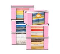 KALAHOL 90L Large Capacity Clothes Storage Bags with Zips, Storage Boxes with Lids, Reinforced Handle, Foldable, Thick Fabric, for Comforters, Clothes, Blankets, Bedding, 6 Pack, Pink