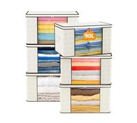 KALAHOL 90L Large Capacity Clothes Storage Bags with Zips, Storage Boxes with Lids, Reinforced Handle, Foldable, Thick Fabric, for Clothes, Comforters, Blankets, Bedding, 6 Pack, Beige