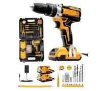 KALAHOL Cordless Drill Set 21V, 99PCS Electric Screwdriver Set with 2 Batteries 2000mAh, 25+3 Torque Cordless Hammer Drill, 42N.m Max, 2 Speed, LED Work Light for Home and Garden DIY Project, Yellow