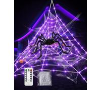 KALAHOL Halloween Decorations Outdoor, 16.4FT Web Halloween Lights with Giant Spider, with DIY Web and Spider Accessories, 8 Lighting Modes, Remote Control, Waterproof, Halloween Accessories (Purple)