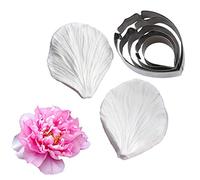 KALAIEN 5pcs Stainless Steel Peony Cutter 2pcs Fondant Silicone Mold Gumpaste Peony Sugarcraft Flower Veining Mold Veiner Petal Making Tool
