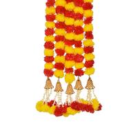 Kalakriti Artificial Marigold Flower |Indian/American Party Mantle Decoration, Faux Wedding Garland, Diwali Decoration, Spring Bush Floral, Red Yellow, Pack of 5, 5 ft Each (Red Yellow 1)