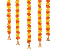 Kalakriti Artificial Marigold Flower |Indian/American Wedding Party Decoration, Faux Wedding Garland, Diwali Decor Gift, Spring Bush Floral, Orange Yellow, Pack of 5, 5 ft Each (Orange Yellow 3)
