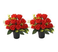 Kalastussaari 2Pcs Grave Flower Pots 12 Heads Artificial Red Rose Cemetery Flowers, Fake Funeral Grave Flowers for Memorial Cemetery Indoor and Outdoor Flower Decoration Grave Flower Pots