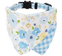 Kalastussaari Cat Bandana Collar, Floral & Plaid Double-Sided with Bell, Adjustable One Size Blue Cloth Cat Collar