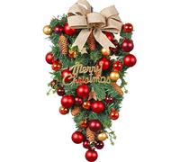 Kalastussaari Christmas Teardrop Wreath with Bow and Red Ball Artificial Pine Christmas Wreaths for Front Door Wall Hanging Garland for Fireplace Xmas Tree Decor Christmas Teardrop Wreath
