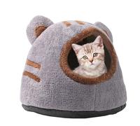 Kalastussaari Covered Cat Bed Warm Removable Cat House Indoor with Cushioned Pillow Semi-enclosed Cat Beds for Indoor Cats Fluffy Cute Bear Head Kitten Bed for cats within 3.5kg S Cat House Indoor