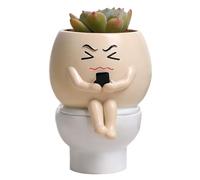 Kalastussaari Funny Plant Pots 3.5x4x5 Frowning Face Planter Sitting on Toilet & Holding Cellphone in Hand DIY Friendly Unique & Crative Head Planter for Succulent Face