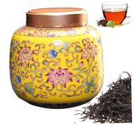 Kalastussaari Tea Container with Airtight Alloy Lid, Vintage Chinese Style Ceramic Jar, Exquisite Storage Jars for Kitchen Spice Tea Coffee Condiment, Yellow Container