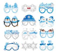 KALEFO 24Pcs Hello Winter Paper Glasses Party Decorations Winter Wonderland Snowflake Photo Booth Props Kit Blue Wedding Holiday Birthday Skiing New Year Party Supplies