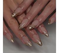 KaleidNail Nude Almond Press on Nails 24 PCS Glossy Gold False Nails Medium Length Fake Nails Full Cover Stick on Nails Art for Women and Girls Daily Decoration
