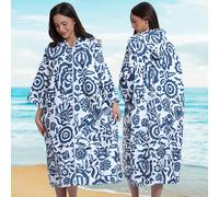 (Kaleidoscope, 1pc) Large Vintage-Inspired Surfing Poncho Towel with Sleeves - Quick-Dry, Lightweight Terry Cloth Swim Robe - Blue & White Floral Pattern