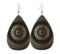 Kaleidoscope Mandala Teardrop shaped leather earrings, set of 2, 925 silver plated ear hooks, non-rusting, with ear plugs, suitable for parties, Valentine's Day