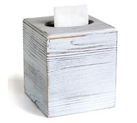 KALEKAIL Wood Tissue Box Cover Square, Rustic White Tissue Box Cover, Decorative Cube Facial Wooden Tissue Box Holder with Slide-Out Bottom for Bathroom, Bedroom, Dinner Table, Office, Kitchen
