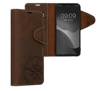 kalibri Case Compatible with Google Pixel 8 Pro - Wallet Case Real Leather Book Style Cover with Card Slot - Navigational Compass Brown