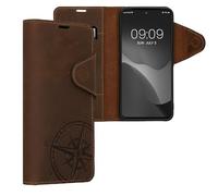kalibri Case Compatible with Google Pixel 8 - Wallet Case Real Leather Book Style Cover with Card Slot - Navigational Compass Brown