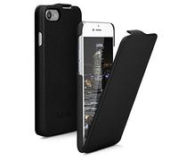 kalibri Leather Flip Case for Apple iPhone SE (2022) / SE (2020) / 8/7 - Ultra Slim Genuine Leather Phone Cover with Fold-Down Front, Soft Protective Case, Black