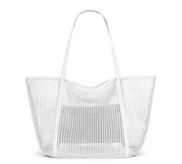 KALIDI FANCY FOREST Foldable Mesh Beach Bag with Zip, 27L Large Mesh Tote Bags for Women Ladies Summer Beach Tote Bag for Holiday Travel,White