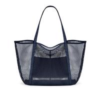 KALIDI FANCY FOREST Foldable Mesh Beach Bag with Zip, 27L Large Mesh Tote Bags for Women Ladies Summer Beach Tote Bag for Holiday Travel,Dark Blue