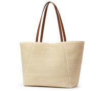KALIDI Large Straw Bag, Beach Bag with zip, Marine Recycled Plastic, Straw Like Design, Tote Bag for Summer Holidays and Everyday Use (Beige (with brown handle))